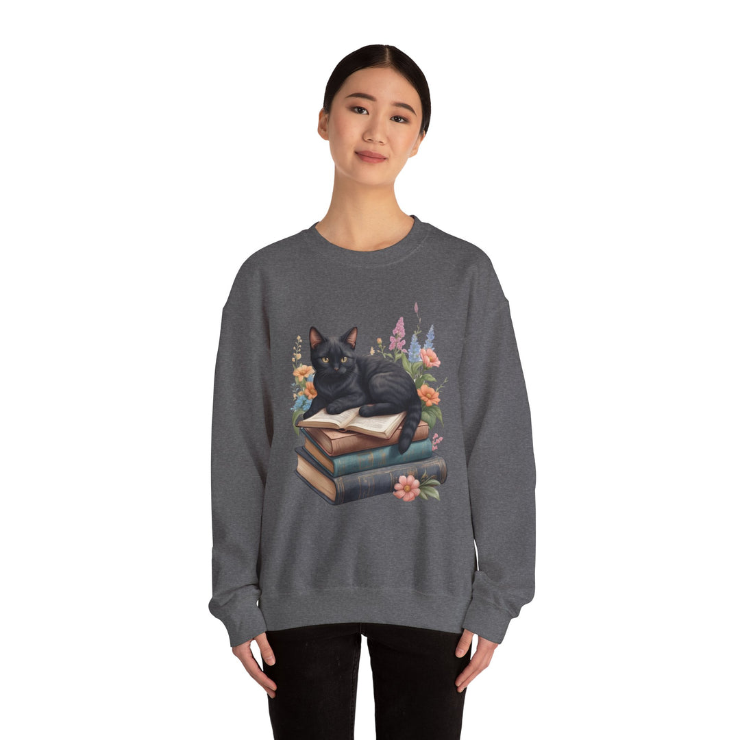 Floral Feline Scholar Book Cat  Sweatshirt