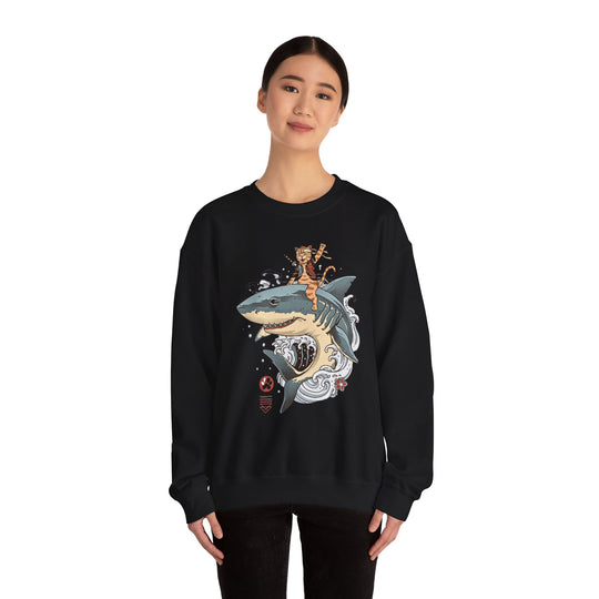 Shark Rider Cat Sweatshirt - Aquatic Adventure Gear