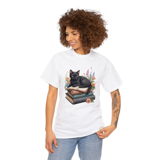 Floral Feline Scholar Book Cat T-shirt