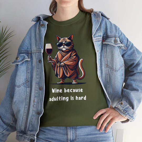 Wine Because Adulting Is Hard  Cat T-Shirt - Relaxation Series