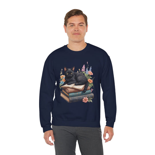 Floral Feline Scholar Book Cat  Sweatshirt