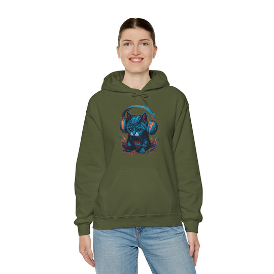 Cat with headset Unisex Hooded Sweatshirt - Wave Fusions