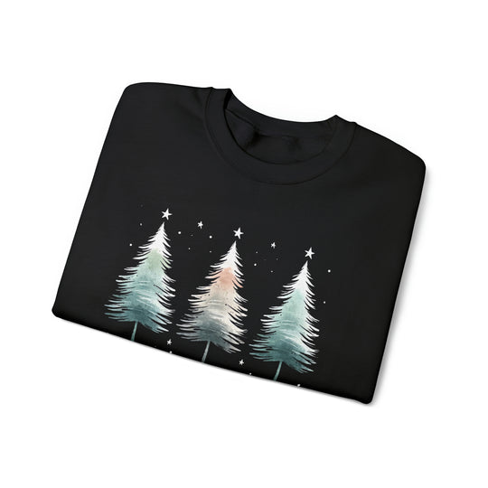 Starry Night Watercolor Christmas Trees Unisex Sweatshirt - Wave Fusions