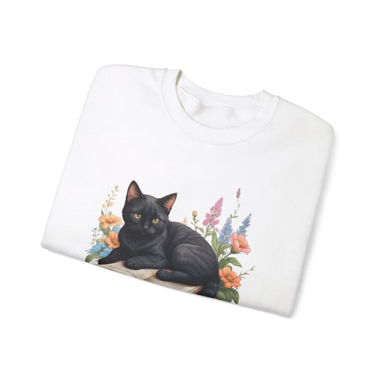 Floral Feline Scholar Book Cat  Sweatshirt