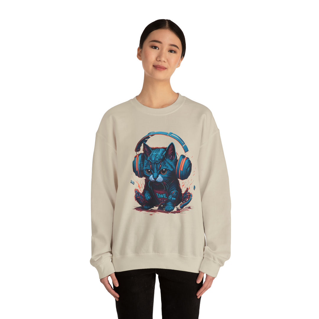 Cat With Headset Unisex Heavy Blend Crewneck Sweatshirt - Wave Fusions