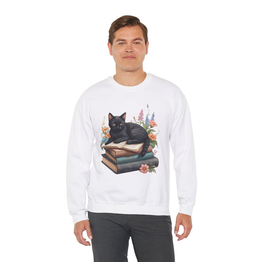 Floral Feline Scholar Book Cat  Sweatshirt