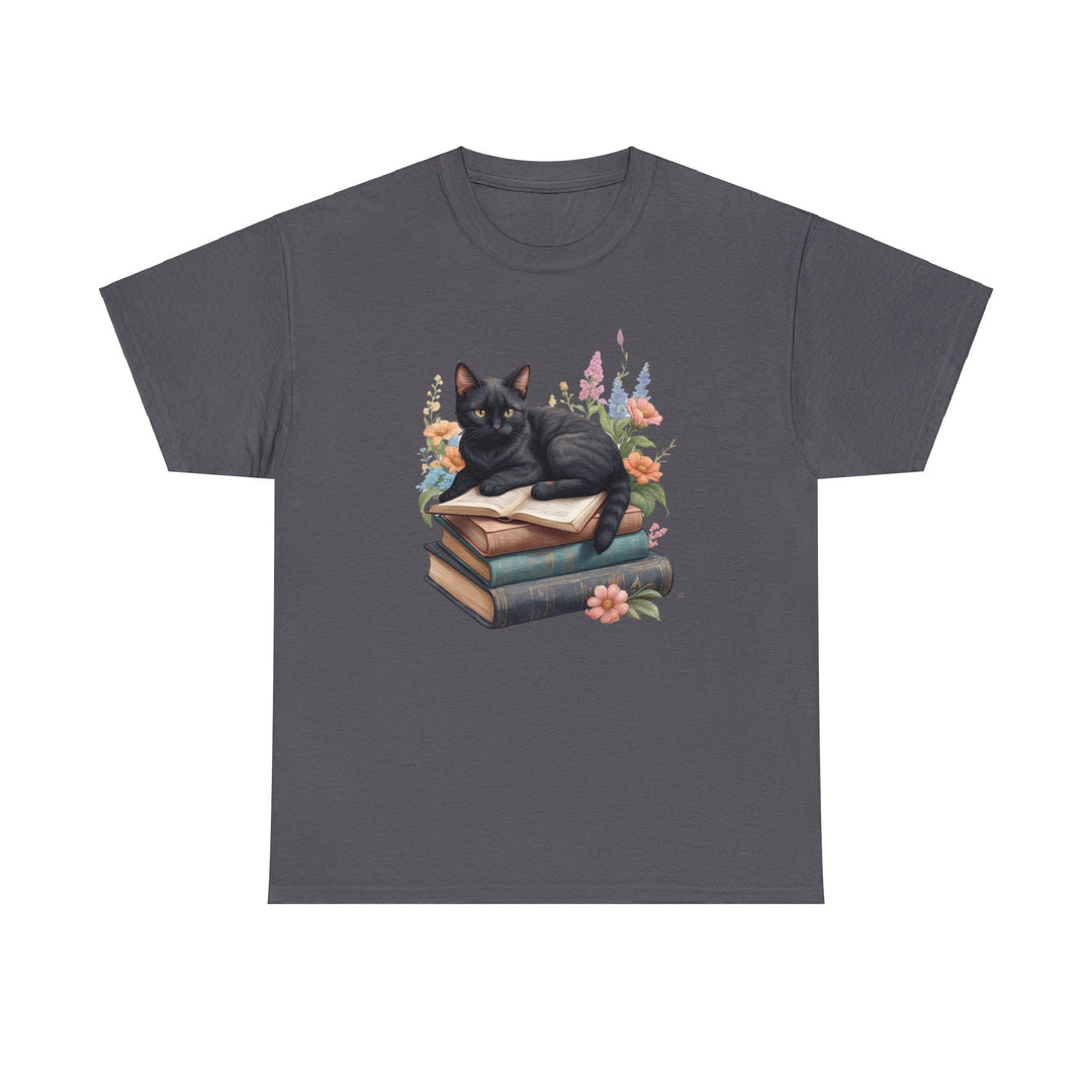 Floral Feline Scholar Book Cat T-shirt