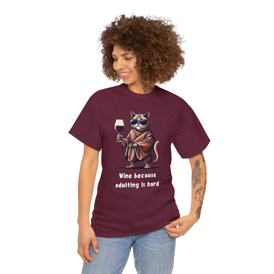 Wine Because Adulting Is Hard  Cat T-Shirt - Relaxation Series