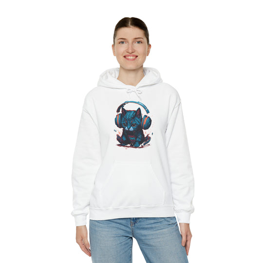 Cat with headset Unisex Hooded Sweatshirt - Wave Fusions